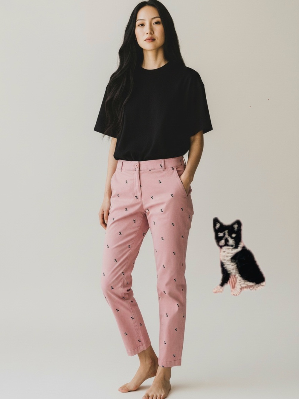 Talbots Weekend Chino Pants Embroidered French Bulldog Sz 12 Pink Novelty Preppy